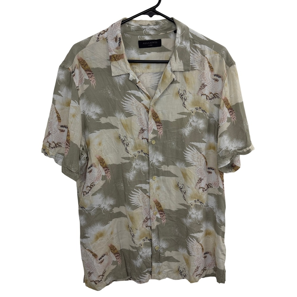 AllSaints Akashi SS Shirt Mens Large Olive Green Eagle Print Viscose MS001P